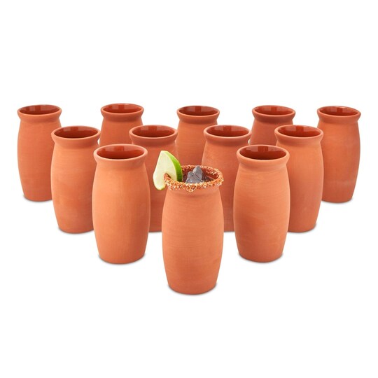 Okuna Outpost Cantaritos Clay Drinking Cups - Handcrafted Mexican Coffee Mugs - Versatile Hot & Cold Drinking Cups - 12 oz, Pack of 12, Brown